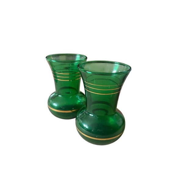 Art Deco Emerald Green Gold Striped 3.75" Glass Bud Vases Czech Glass Set Of 2 - Picture 2 of 7